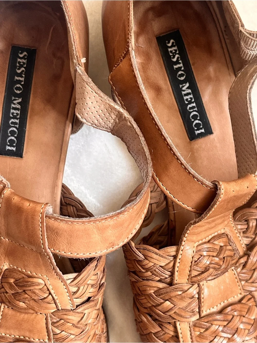 Sesto Meucci Woven Leather Flats in Tan Brown with Gold Buckle